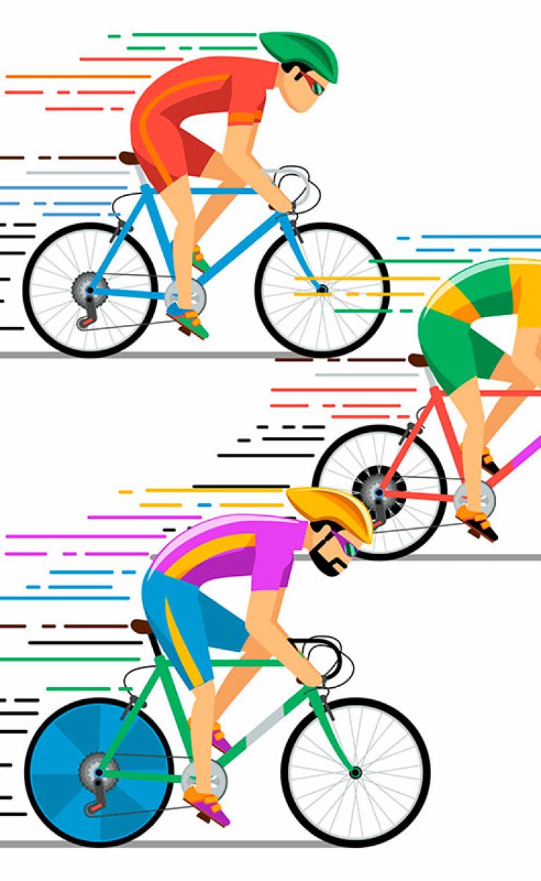 Cyclists bicycle racing. Characters flat design style. Bicyclist cycling, racer on competition, vector illustration